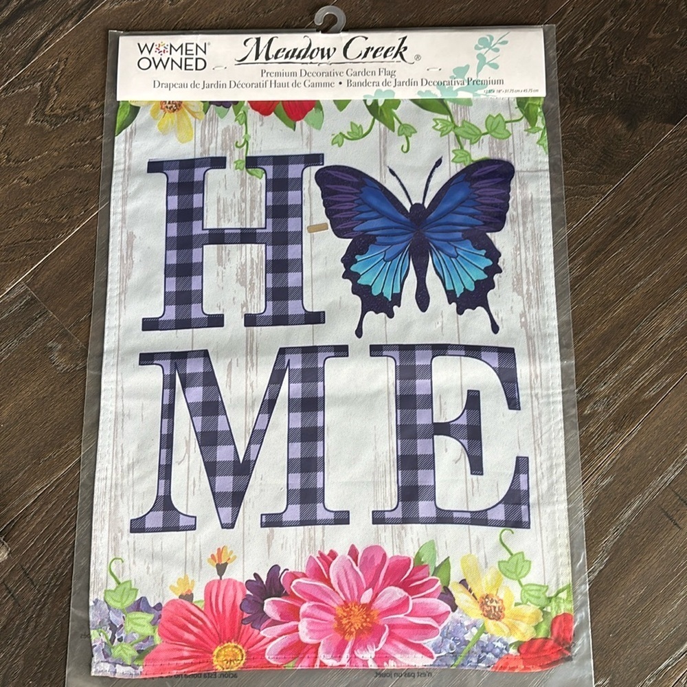 Meadow Creek Decorative Garden Flag HOME Butterfly, flowers, checkered pattern